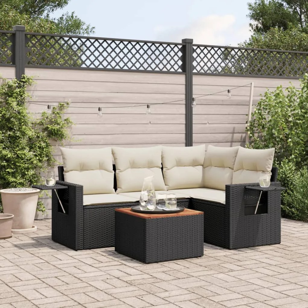 5 pcs conjunto sofás de jardim com almofadões vime PE preto