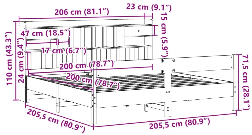 Cama com estante sem colchão 200x200 cm pinho maciço
