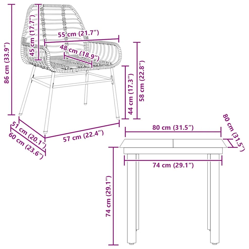 Conjunto jantar jardim 3 peças vidro vime PE castanho