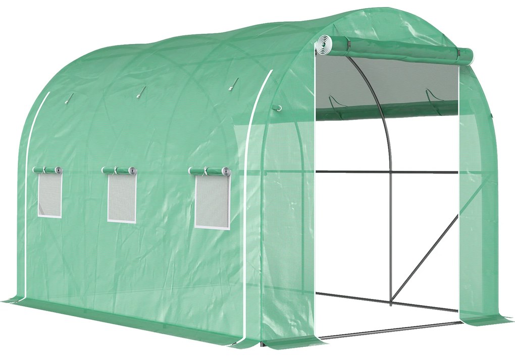 Estufa Tipo Túnel 296x196x200 cm Estufa de Jardim com 3 Portas e 6 Janelas Enroláveis Teto Curvo para Cultivo Verde