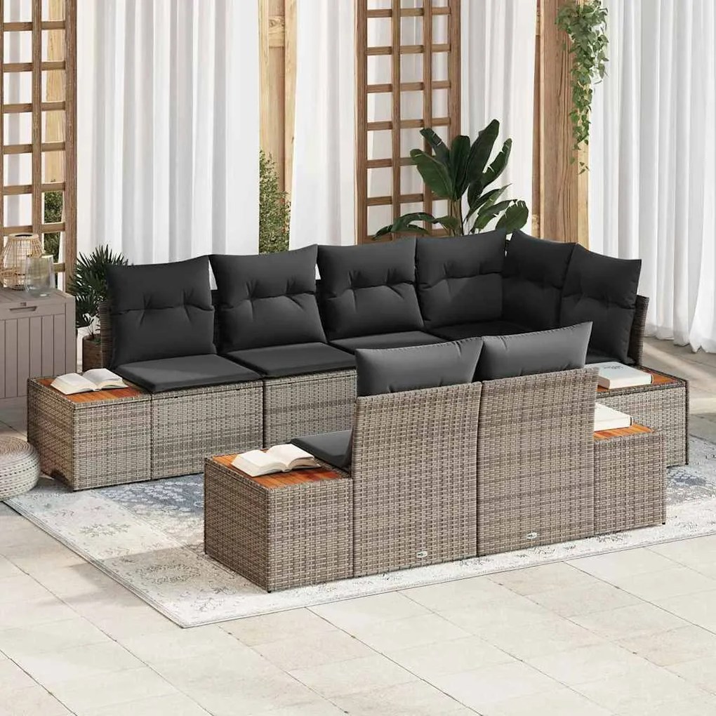 Conjunto de Sofá Jardim 7 Peças com Almofadas Rattan Cinza de Acácia