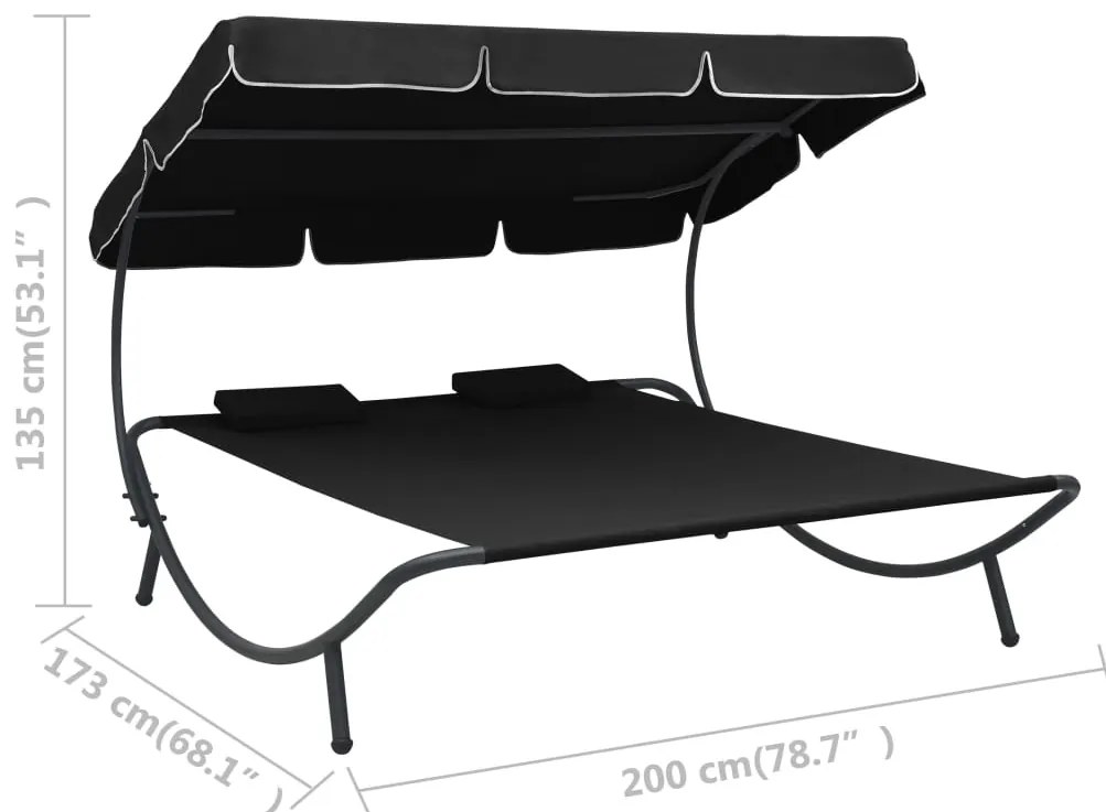 Espreguiçadeira com toldo e almofadas preto