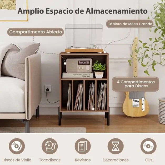 Estante para discos vinil Pernas de metal e Estação de carregamento e porta USB para sala de estar Quarto Escritório Cor Nogueira
