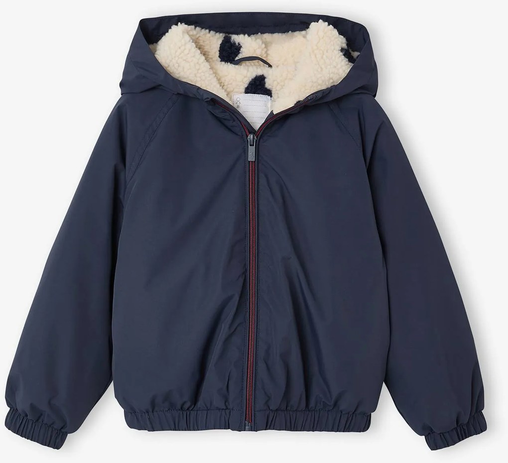 Corta-vento com capuz forrado em sherpa para menina marinho