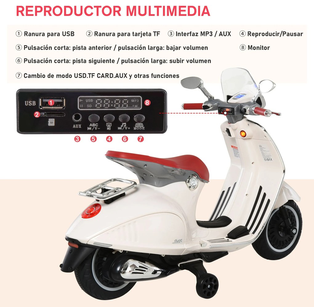 HOMCOM Mota Elétrica Vespa com Faróis Música 2 Rodas Auxiliares para C