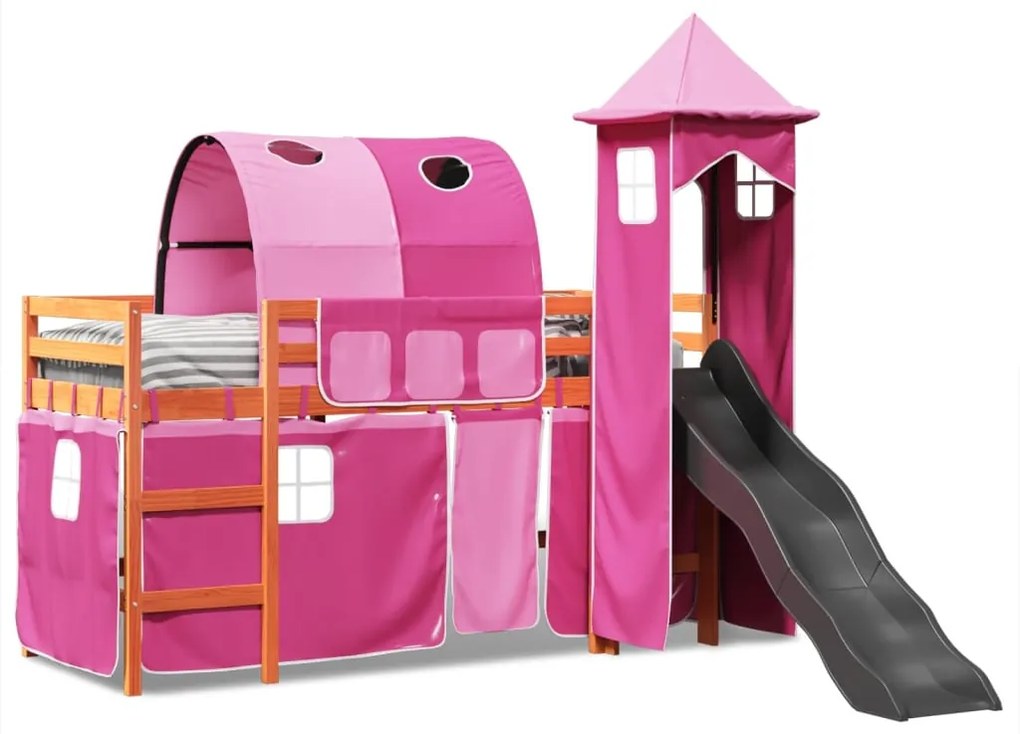 Cama alta para criança com torre 90x190 cm pinho maciço rosa