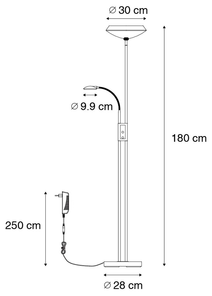 Candeeiro de pé preto com LED e dimmer e luz de leitura - Fez