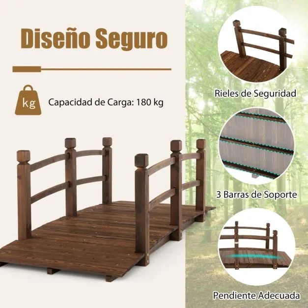 Ponte de madeira para jardim 1,7 m decorativa com grades de segurança Carga 180 kg para quintal, quinta, parque Castanha