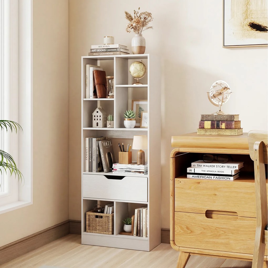 Estante Livreira com Gaveta, 50 x 24 x 130 cm, 7 Compartimentos, Branco