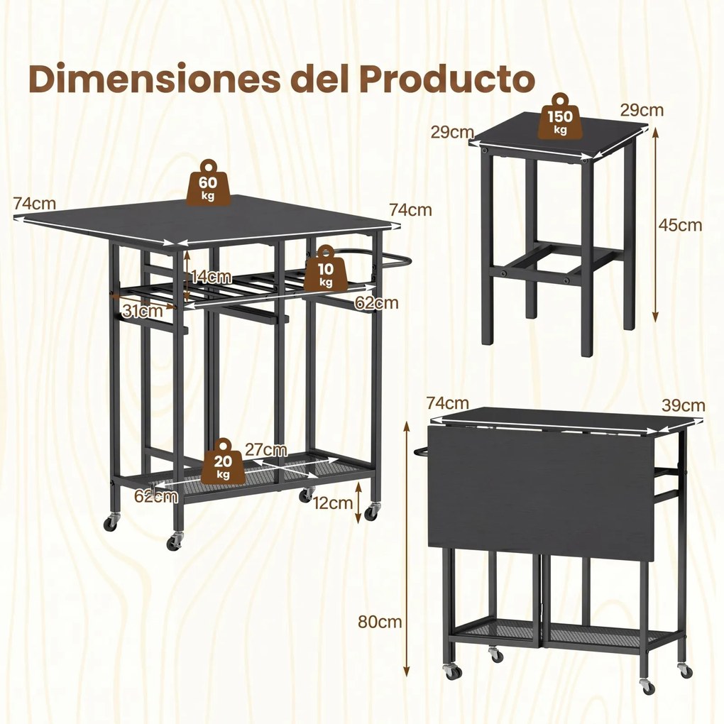 Conjunto de mesa de jantar alta de 3 peças com 2 bancos, suporte para 6 garrafas, estantes e pega lateral, mesa dobrável para cozinha, preta