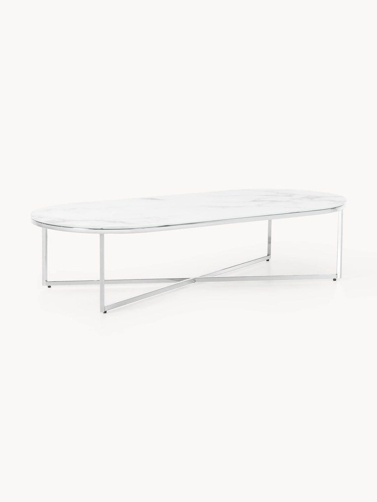 Mesa de centro oval com tampo de vidro com aspeto de mármore Antigua