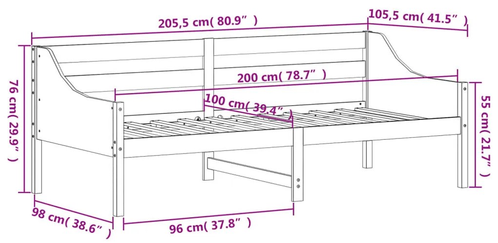 Cama dia sem colchão branco 100x200 cm pinho de madeira maciça