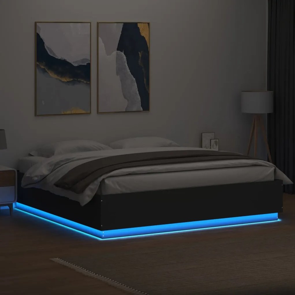 Estrutura cama c/ luzes LED 200x200cm derivados madeira preto
