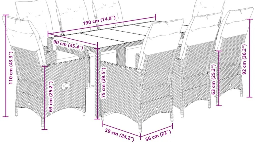 9 pcs conjunto de jantar p/ jardim c/ almofadões vime PE preto