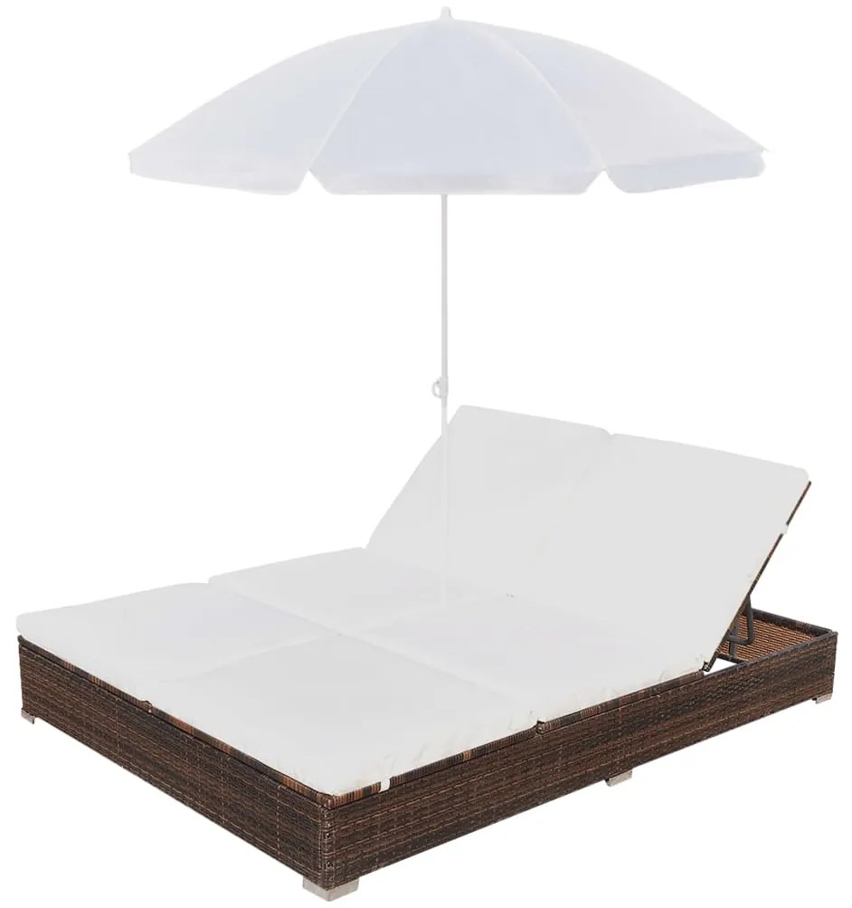 Espreguiçadeira de exterior com guarda-sol vime PE castanho