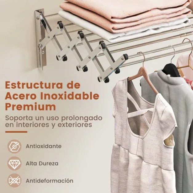 Estendal extensível de parede dobrável para roupa em aço inoxidável com 8 barras 63 x 86 x 22 cm prateado