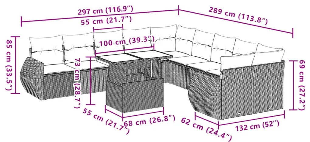11 pcs conjunto sofás de jardim c/ almofadões vime PE cinzento