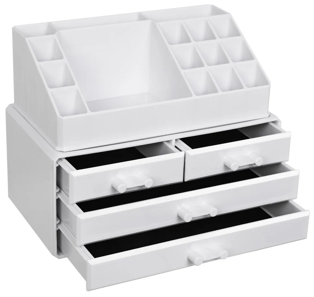 Organizador de cosméticos SONGMICS, suporte para maquiagem com 4 gavetas e 16 compartimentos de tamanhos diferentes, tapetes antiderrapantes, para acessórios de maquiagem e joias, branco JKA0010TP