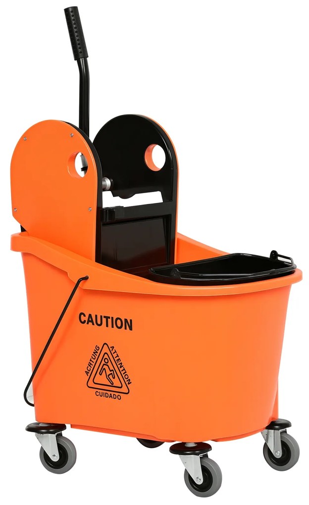 HOMCOM Balde de Esfregona Comercial Balde de Esfregona com Espremedor de Pressão para Baixo Capacidade 36L com 4 Rodas Silenciosas 2 Cubetas Separadas 54x41x91,5 cm Laranja