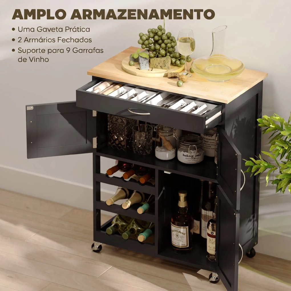 Carrinho de Cozinha com Rodas 2 Armários de Arrumação Gaveta e 3 Prateleiras Abertas para 9 Garrafas 67x37x87 cm Preto