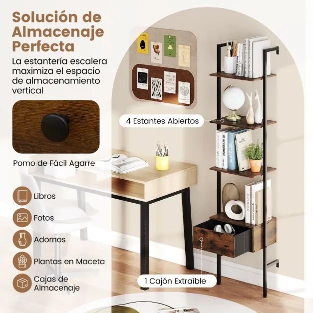 Estante em forma escada de 5 níveis com gaveta de parede alta de 177,5 cm com estrutura metálica Castanho