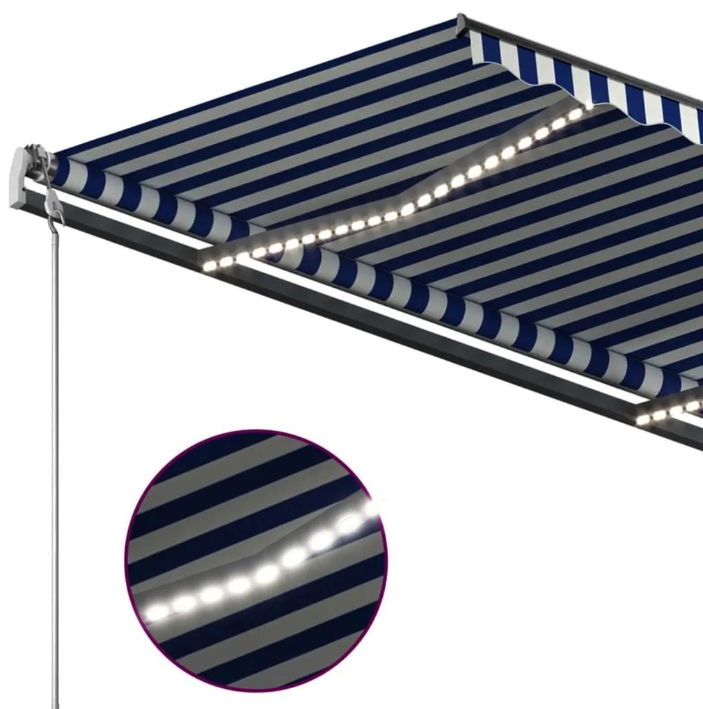 Toldo retrátil manual com luzes LED 4x3,5 m azul e branco