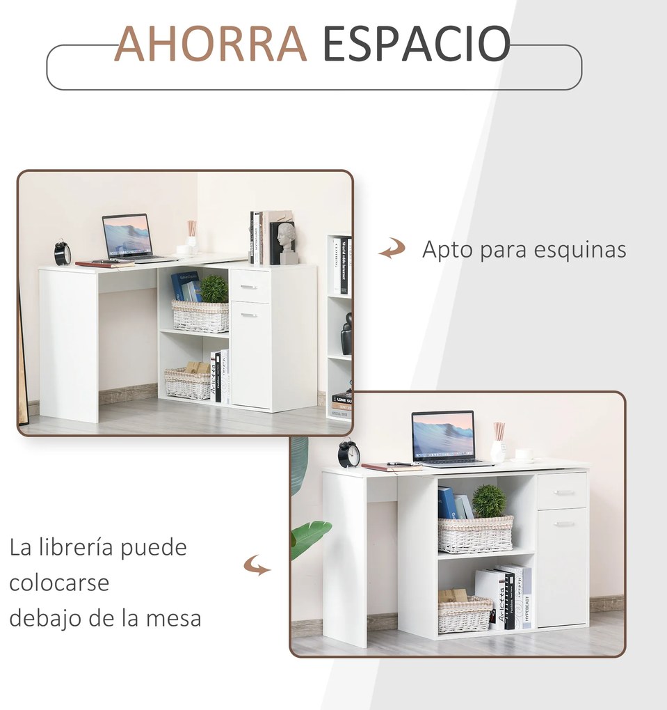 HOMCOM Secretária de Canto Secretária Giratória 180º com 2 Prateleiras 1 Gaveta 1 Armário para Escritório Casa 117x82x74cm Branco