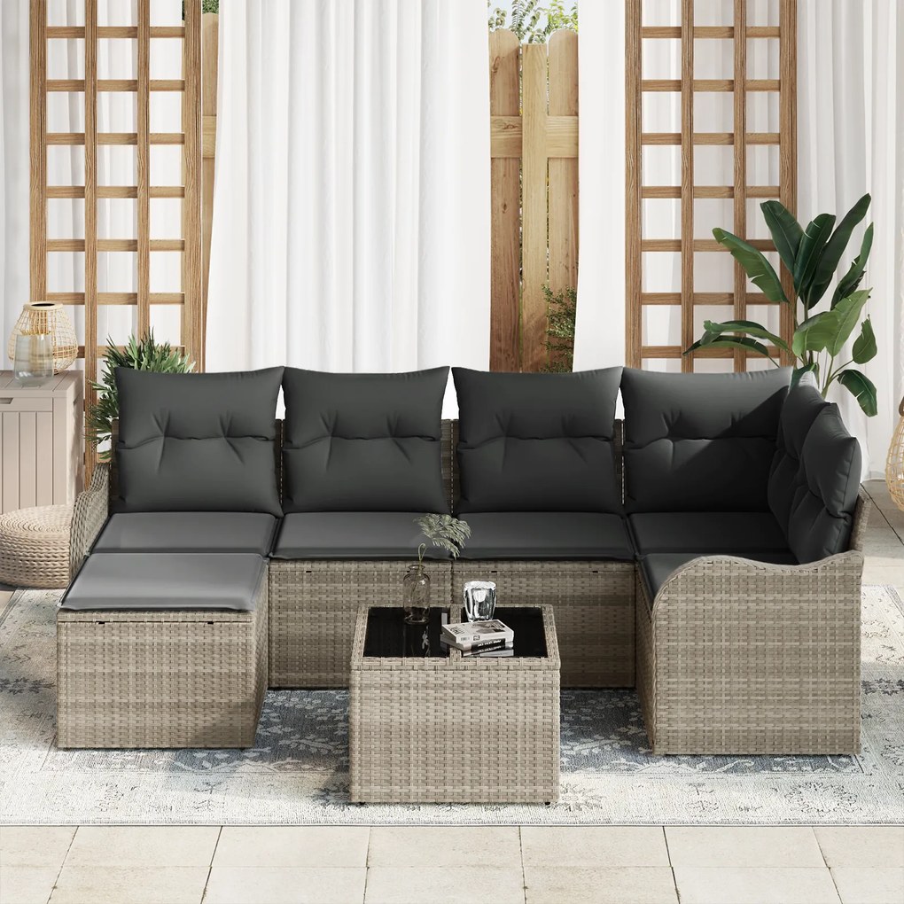 Conjunto de Sofá de 7 Peças para Jardim com Almofadas Cinza de Vime Po