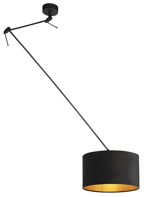 Candeeiro de suspensão preto com cúpula em veludo preto com dourado 35 cm - Blitz Moderno