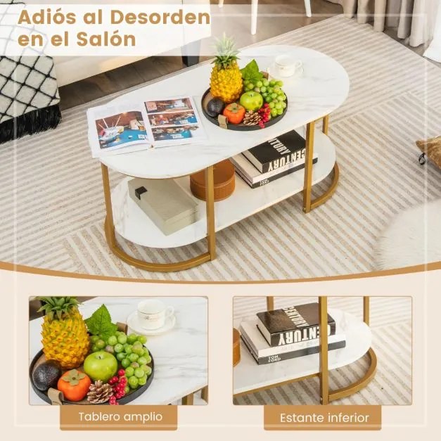 Mesa de centro em mármore de 2 níveis para sala de estar e quarto 100 x 50 x 45 cm Branco e dourado