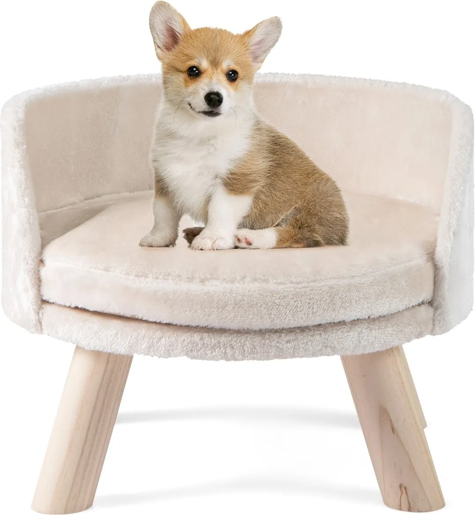 Sofá-cama para cães de 42 cm para animais de estimação com almofada redonda acolchoada 4 pernas de madeira de pinho Bege, Natural