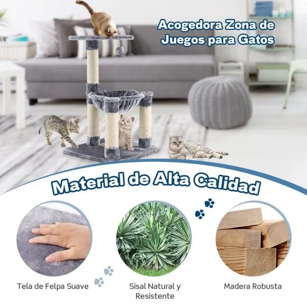 Arranhador para gatos de 64 cm com rede Postes de arranhar cobertos de sisal e bola de brincar Árvore de escalar para gatos cinzento