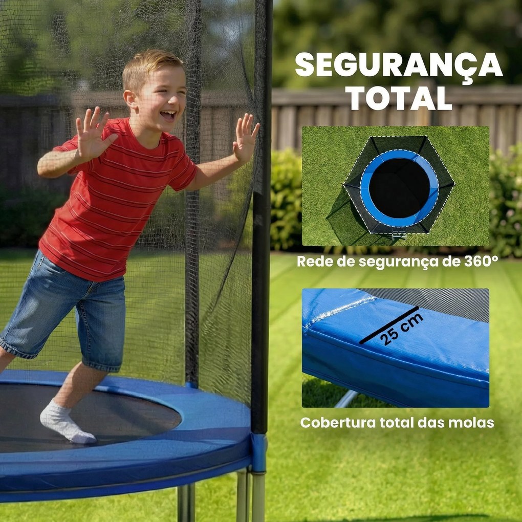 Trampolim para Crianças Exterior Ø366 cm com Rede de Segurança Escada Acolchoamento de Molas Azul