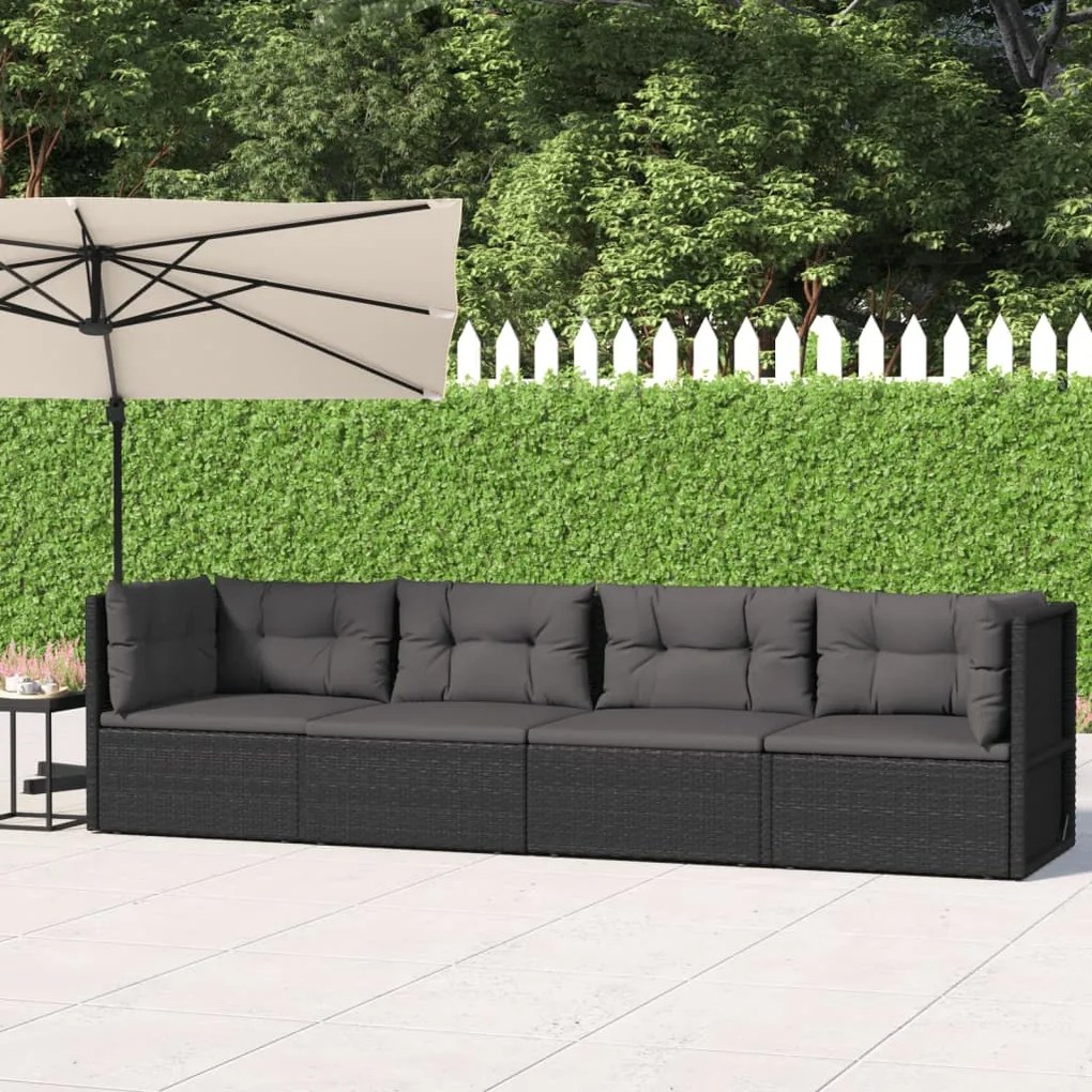 vidaXL 4 pcs conjunto lounge de jardim c/ almofadões vime PE preto