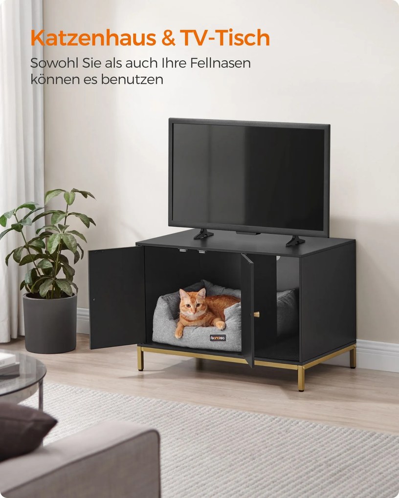 Móvel para caixa areia Gatos com tapete para arranhar 80 x 50 x 55 cm preto-dourado