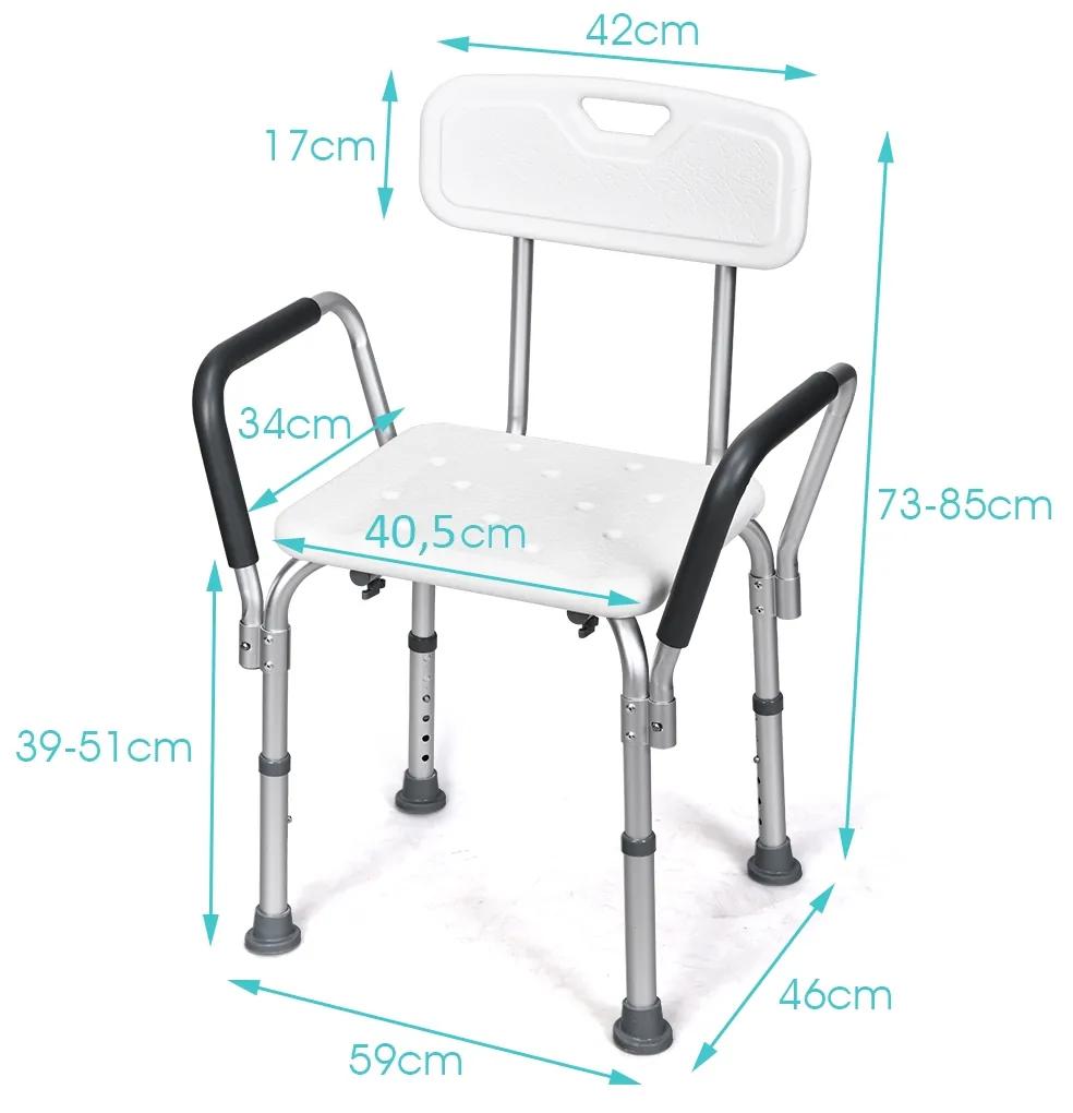 Cadeira de banheiro com chuveiro cadeira com altura regulável e apoio de braços low cost apoios de pés antiderrapantes 150 kg 59 x 46 x 73-85 cm branc