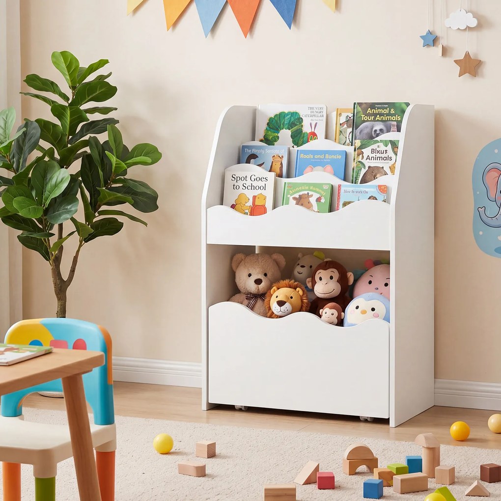 Estante Infantil de Arrumação, 49,5 x 30 x 76 cm, Gaveta Removível com Rodas, Branco