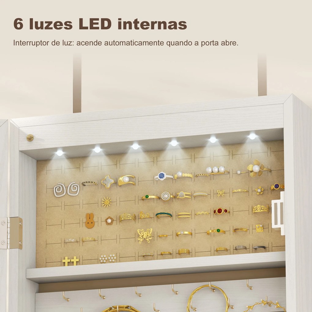 Espelho de Joias com Luz LED, Armário Montado na Parede ou Porta com Fechadura e Espelho Branco de Corpo Inteiro