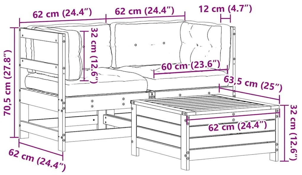 3 pcs conjunto lounge de jardim c/ almofadões pinho maciço