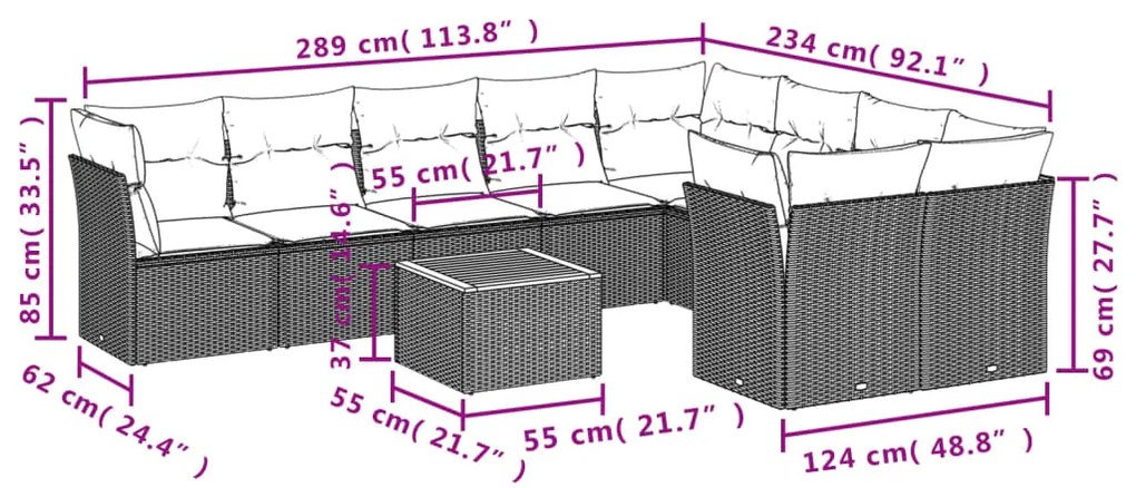 10 pcs conjunto sofás de jardim c/ almofadões vime PE preto