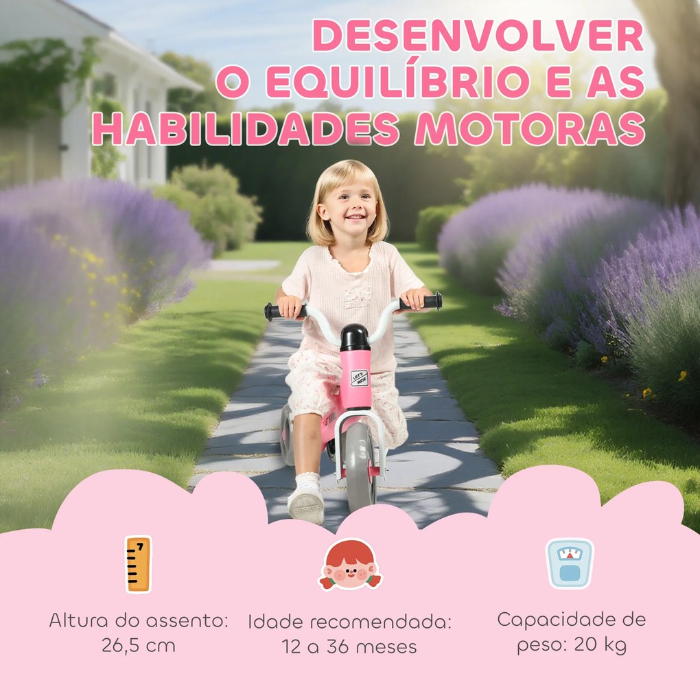 Bicicleta sem Pedais para Crianças dos 12 aos 36 Meses Bicicleta de Equilíbrio com Guiadores com Rotação Limitada a 60° 69x40x49 cm Rosa