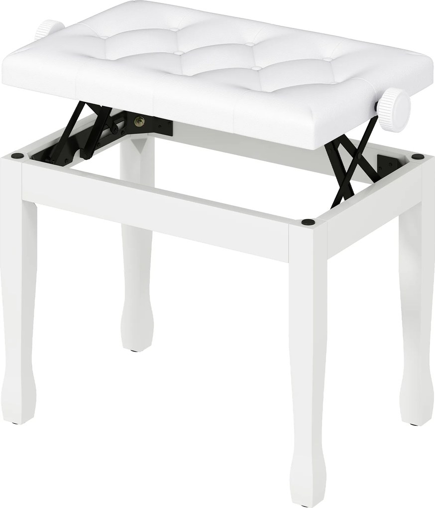 Banco de piano, banco de teclado com altura ajustável em madeira maciça, assento estofado, 64 x 35 x 45-55 cm, branco