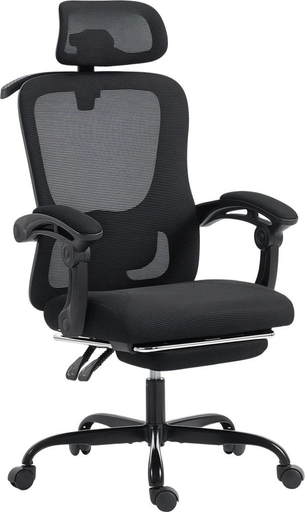 Cadeira de escritório ergonómica em malha com apoio para a cabeça ajustável, apoio lombar, 64 x 64 x 124 cm, preta