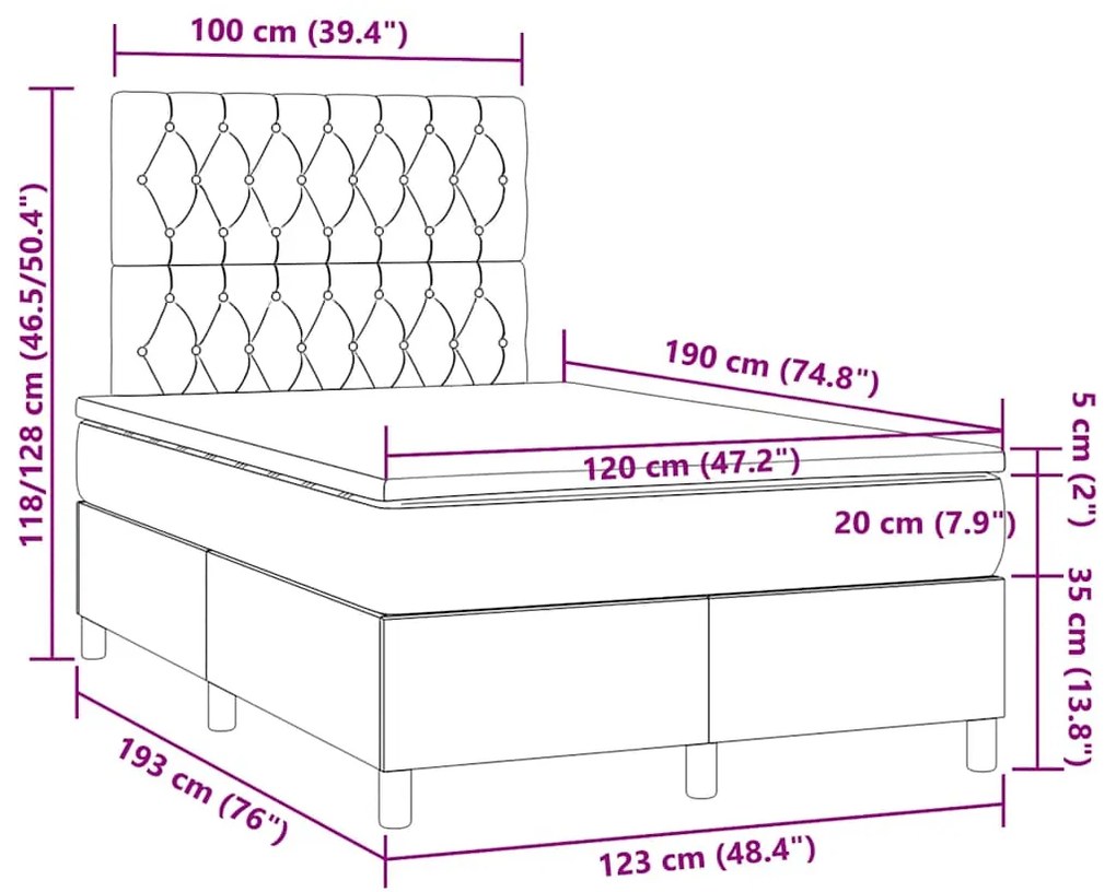 Cama box spring c/ colchão e LED 120x190 cm tecido azul