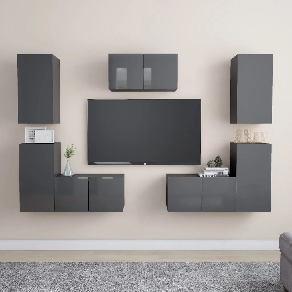 vidaXL 7 pcs conjunto de móveis de TV contraplacado cinzento brilhante