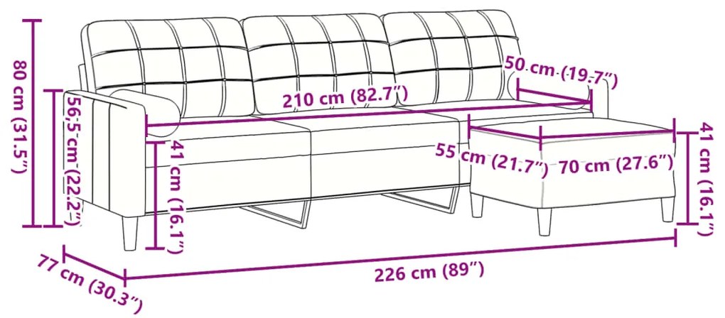 Sofá de 3 lugares com apoio de pés 210 cm veludo amarelo