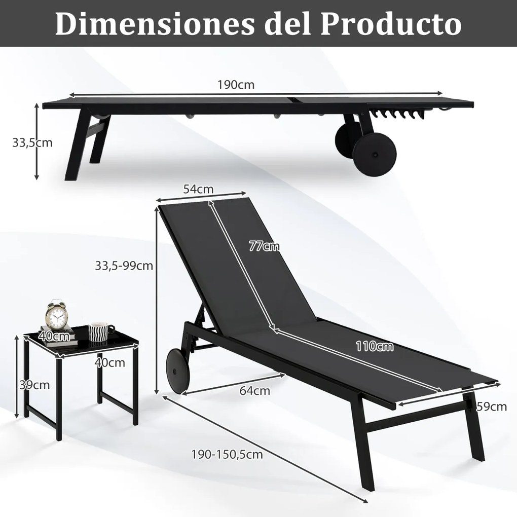 Conjunto de Espreguiçadeira jardim e Mesa de vidro temperado com Encosto ajustável com Rodas para jardim e exterior Cinzenta e Preto