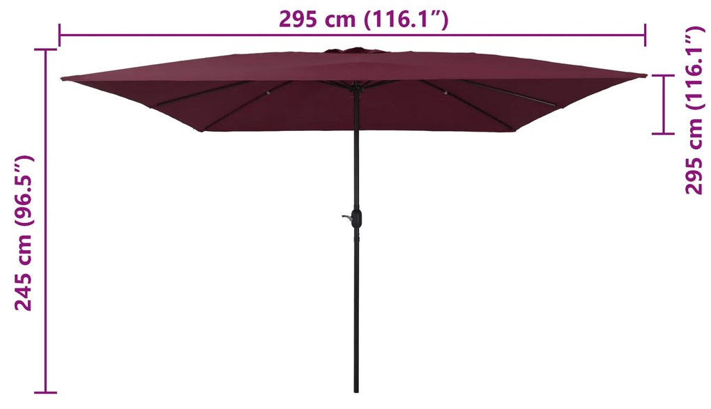 Parasol de Jardim Quadrado vidaXL 295x245 cm Vermelho Bordeaux