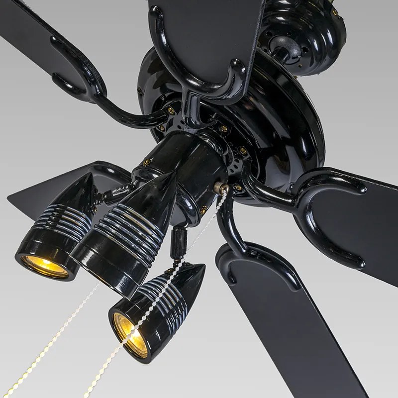 Ventilador de teto preto 110cm 3-luzes com cordão de tração - Mistral Moderno