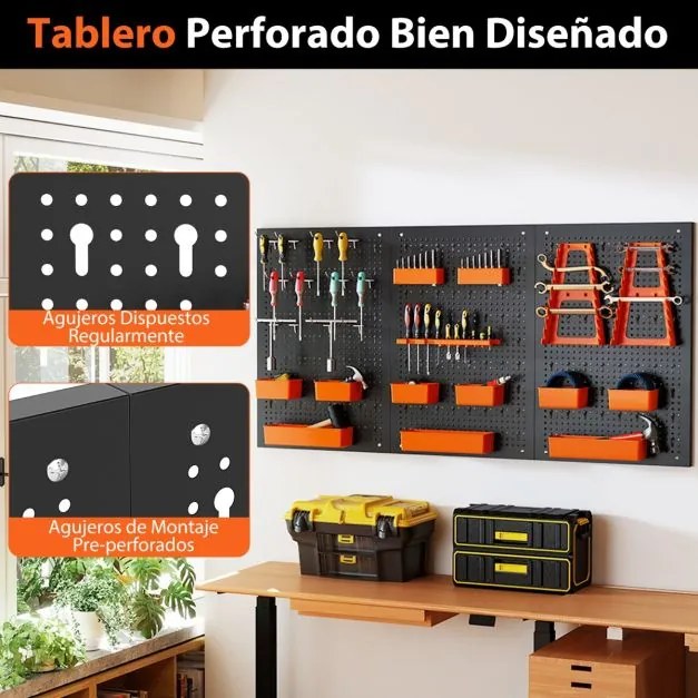 Organizador de parede Ferramentas (Não Incluidas) 120 x 60 x 2 cm com painel perfurado com 9 recipientes Preto e laranja